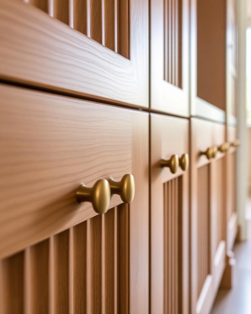 Detail of fluted oak cabinetry with brushed brass handles